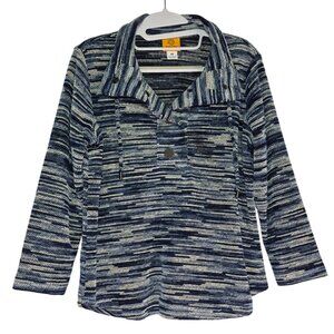 Ruby Rd Petite Striped Sweater Jacket Women PM Blue White Button Up Knit